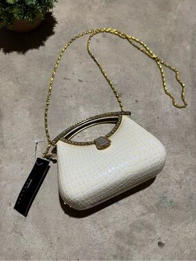 Moni‎ Couture NWT Croc Evening Bag Clutch Gold Cream Rhinestone  Formal Wedding